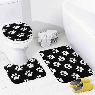 Black and White Dog Paw Prints Bathroom Floor 3-Piece Rug Set