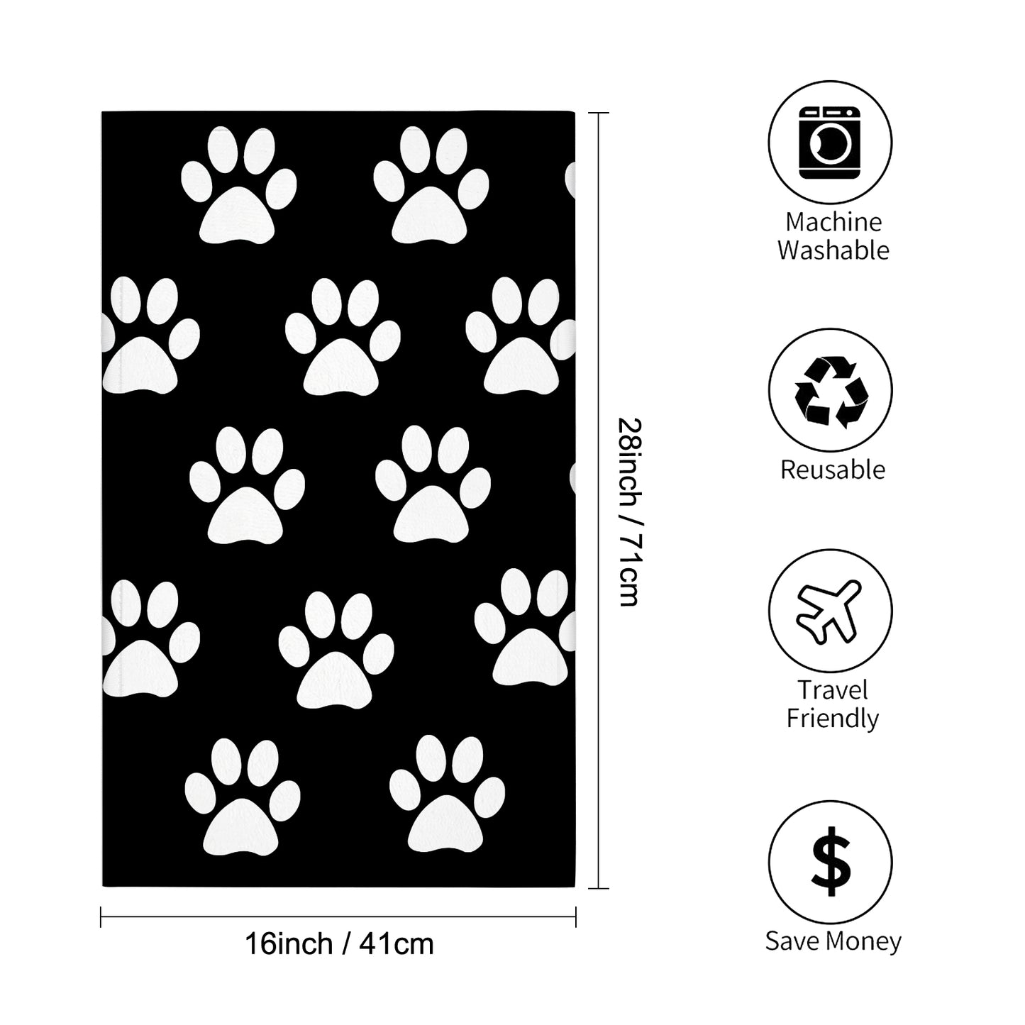 Black and White Dog Paws Custom Towel 16"x28"