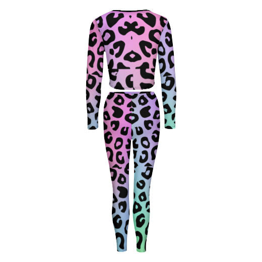 Pastel Leopard V-neck Sweatshirt Suit